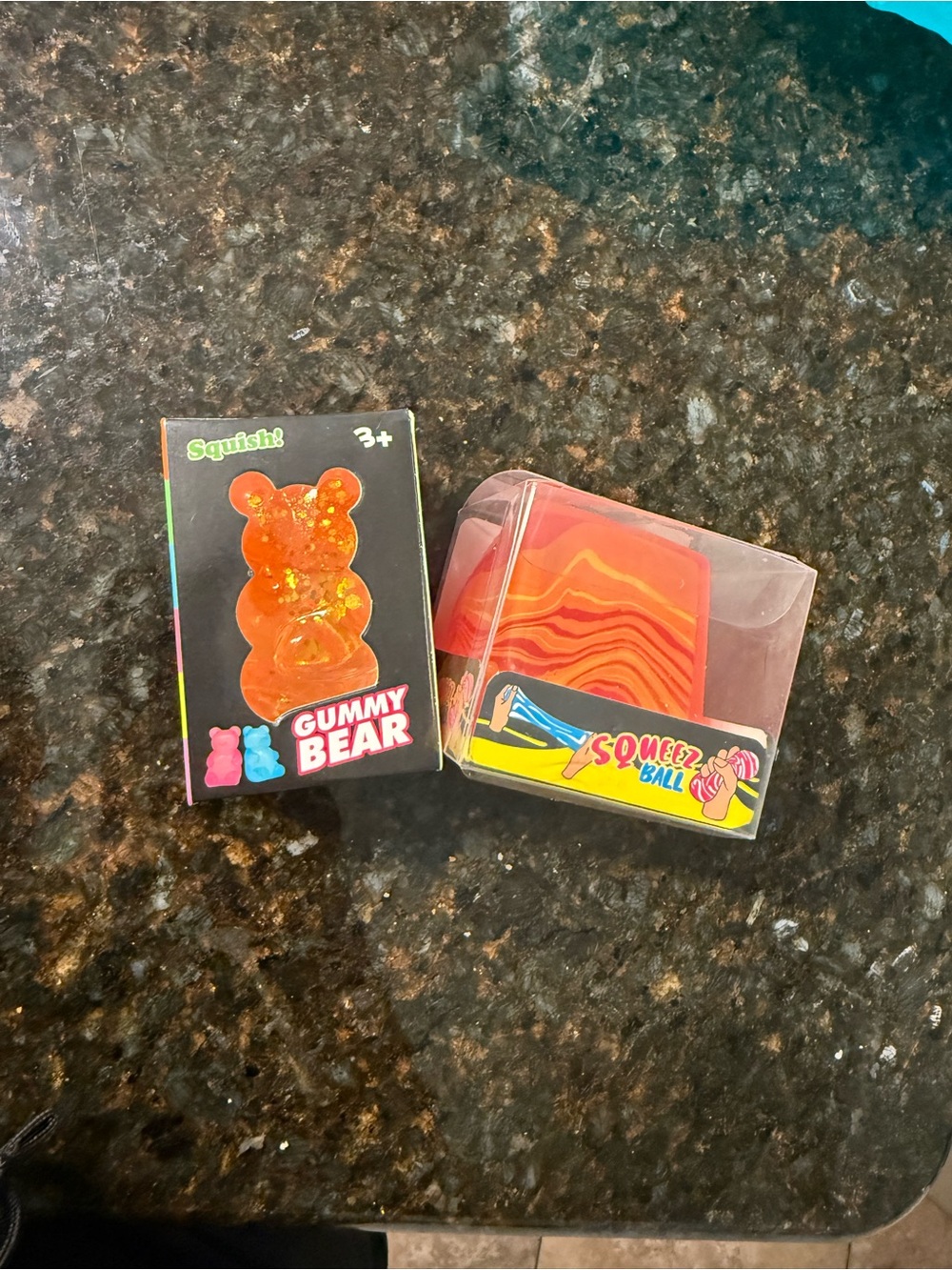 Squishies. Gummy Bear Squeeze Toy - Orange Glitter -and marbled cube